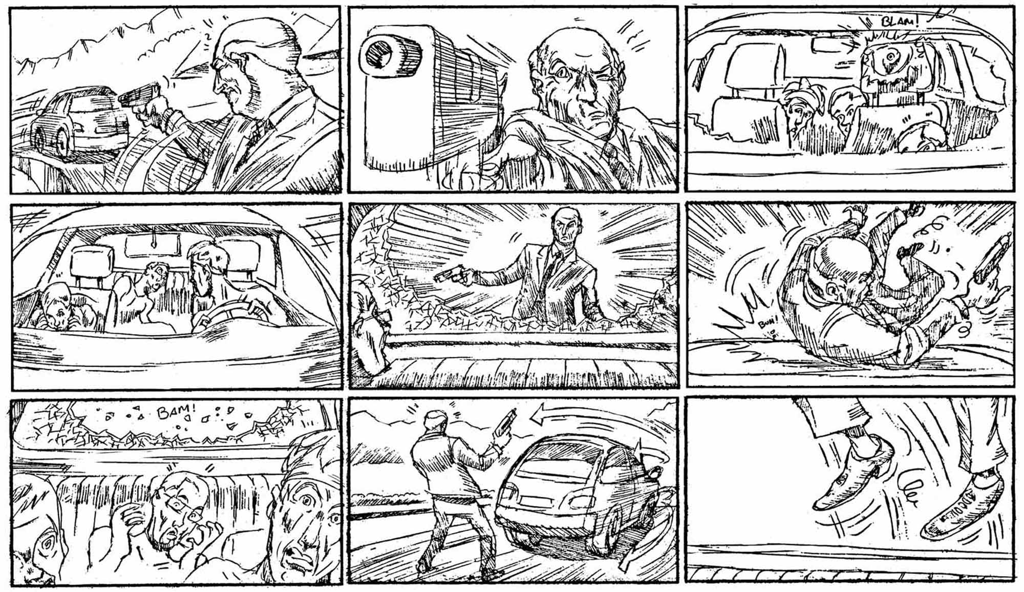 Shooting Board -Mad Dogs. Storyboard for an action sequence I did for the British TV Series